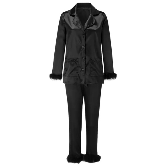 Other - COPY - Feather Trim Satin Button-Up Top and Bottoms Pajamas